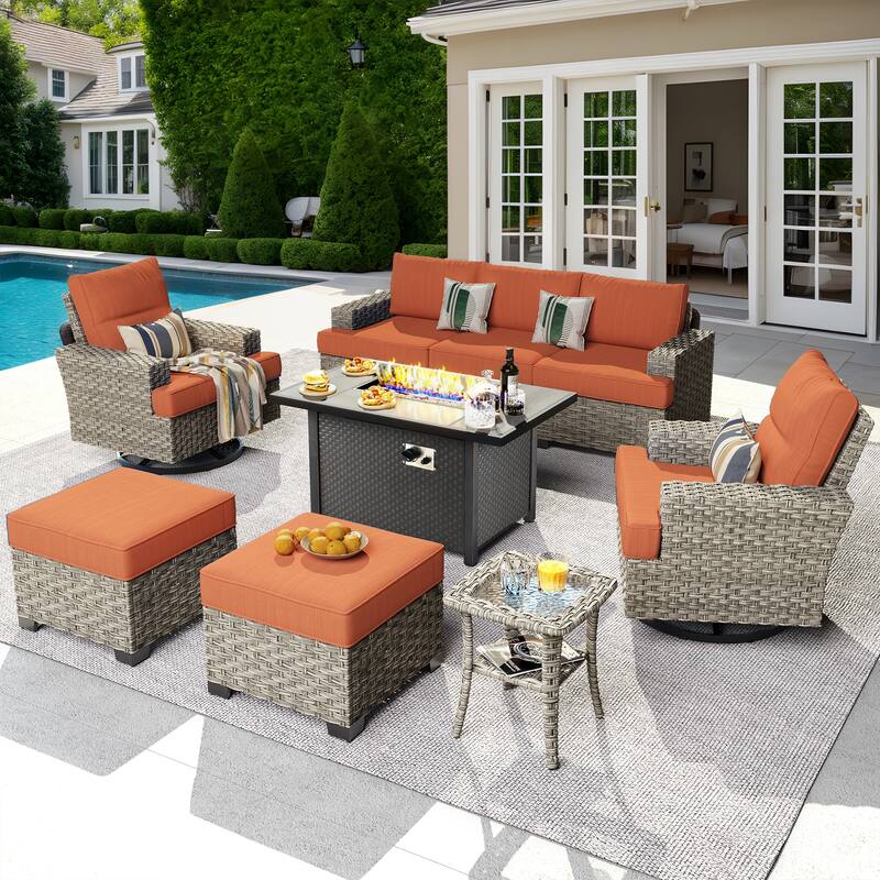 OVIOS 9 Pieces T shaped Seat Wide Armrest Swivel Chair Set With Fire Pit - Red/Orange