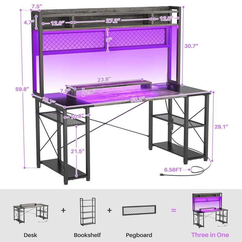 Gaming Deck with Charge Station and LED Light, Computer Table with Hutch and Shelves