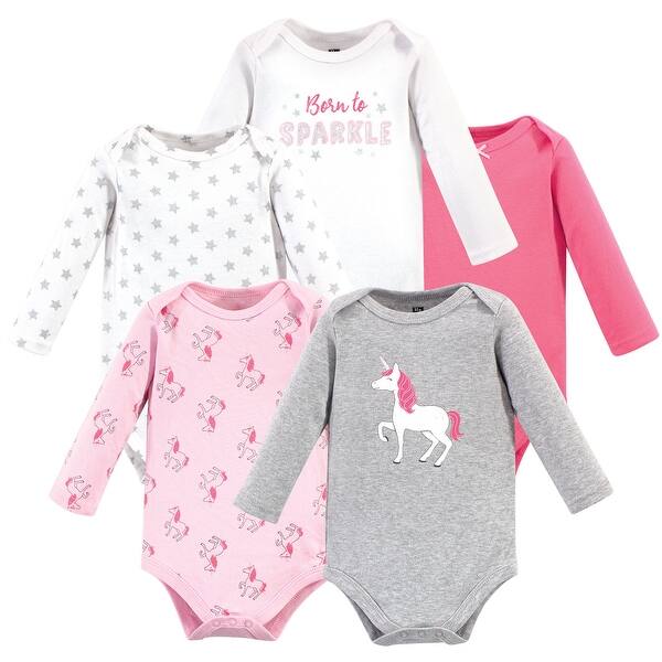 slide 1 of 1, Hudson Baby Infant Girl Cotton Long-Sleeve Bodysuits 5pk, Pink Unicorn 0-3 Months - Pink Unicorn