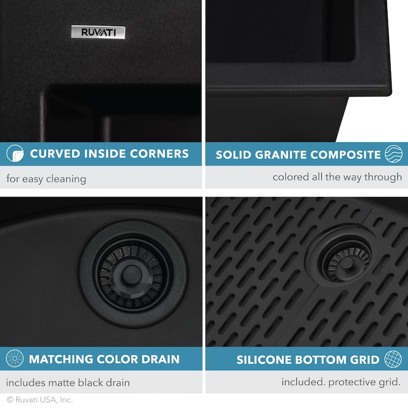 Ruvati 30 x 20 inch epiGranite Drop-in Topmount Granite Composite Single Bowl Kitchen Sink - Midnight Black - RVG1030BK