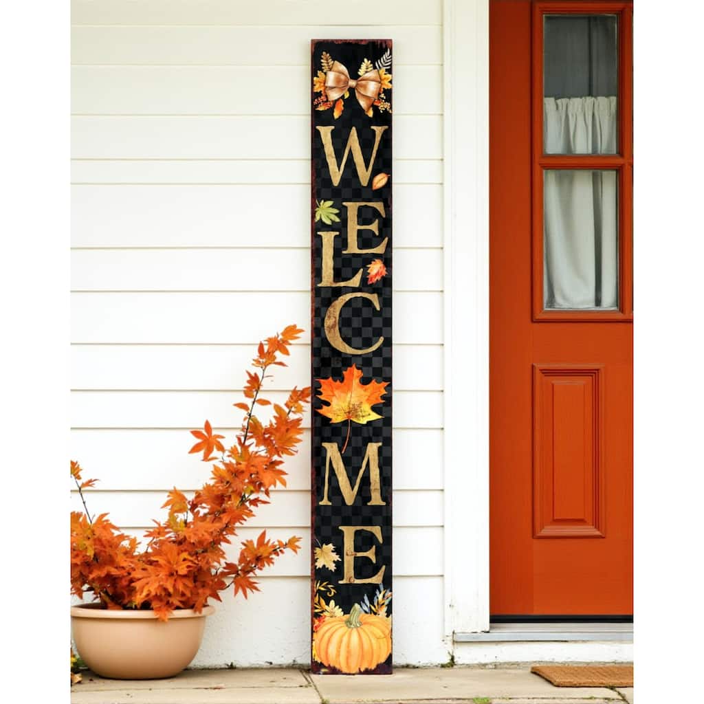HomeRoots 72" Black Gold And Orange Solid Wood Welcome Porch Sign