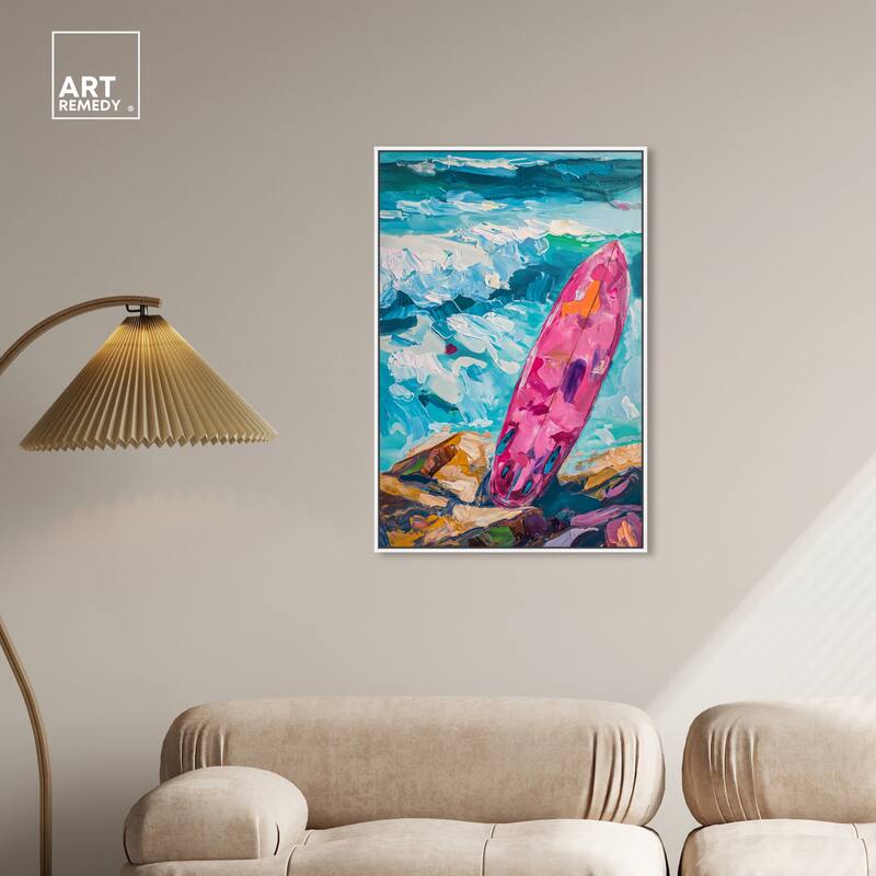 Art Remedy Just A Little Break Wave Framed Colorful Coastal 1 Piece Canvas Wall Art