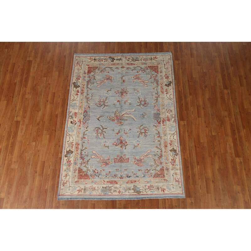 Hand Knotted Oriental 100% Wool Carpet Transitional Floral Navy Blue & Blues Oushak Area Rug - 6' 11'' X 4' 11''