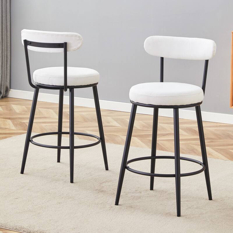 Anmytek 2-Piece Ergonomic High-Legged Bar Stools Upholstered White Fabric Cushions