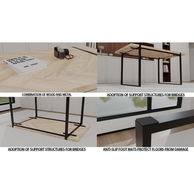 Modern 5-Piece Dining Set with Light Wood Rectangular Metal Base Table & 4 Square Corner Suede Chairs