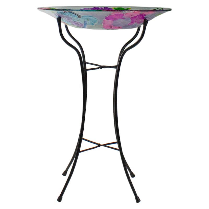 18" Pink Purple Dragonflies Hand Painted Glass Outdoor Patio Birdbath
