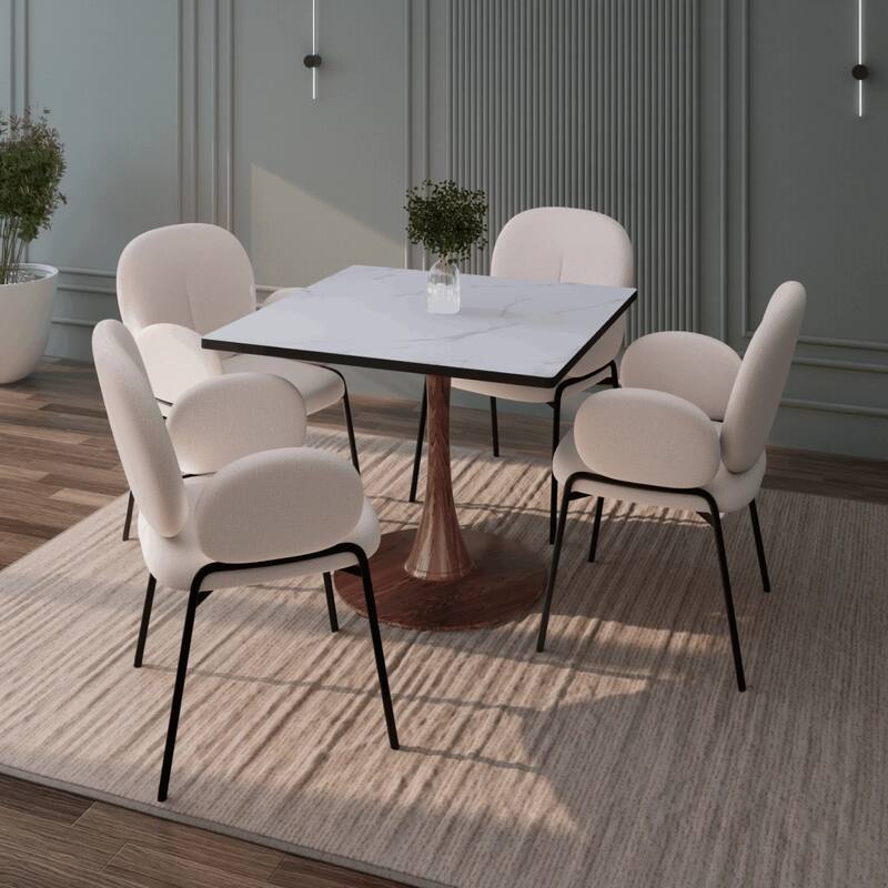 Bristol 27" Square Dining Table with Marbled White MDF Top and Steel Pedestal Base for Modern Kitchen and Dining Room - 27 in.
