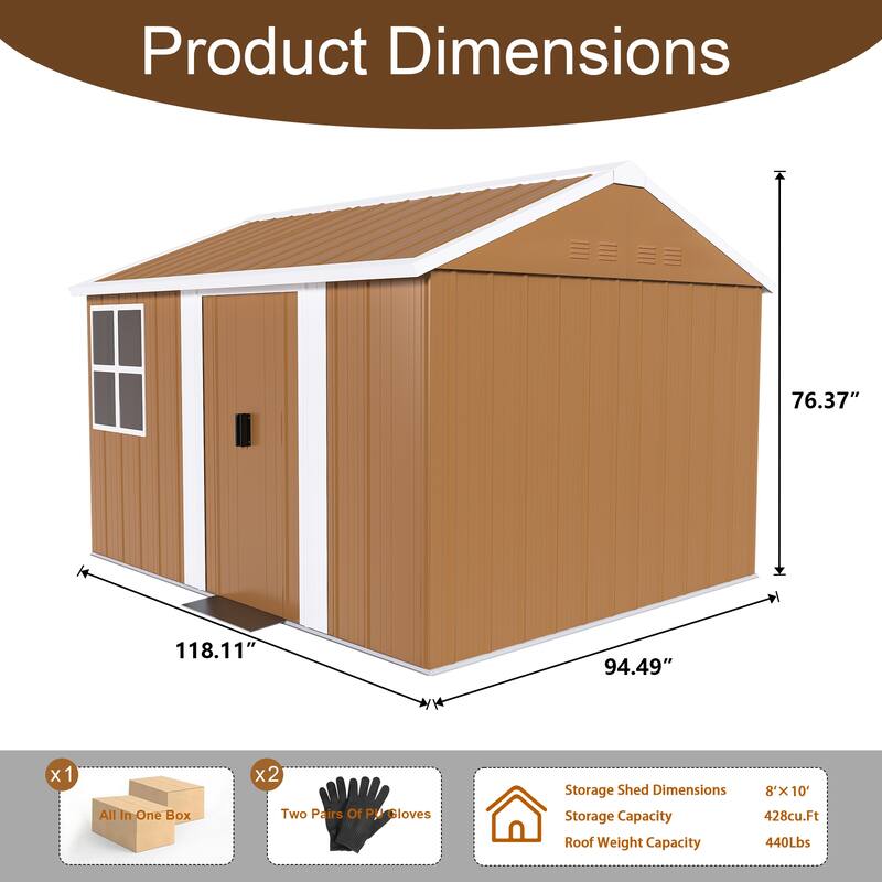 Roomfitters Metal Storage Shed, Heavy Duty Garden Tool House with Sliding Door and Windows, Brown