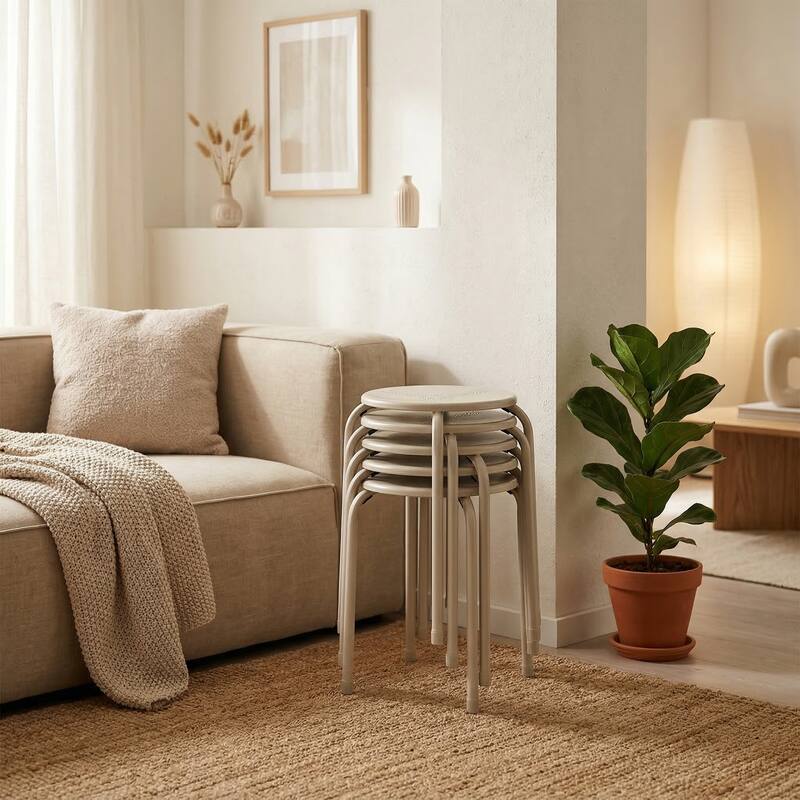 FurnitureR Metal Round Stool Set of 4/6 Stackable Backless Stools for Kitchen Home - Grey-6PCS