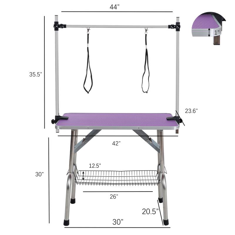 Anmytek Folding Pet Grooming Table Stainless Steel Frame Non Slip Purple Rubber Top with Safety Restraints and Storage Basket
