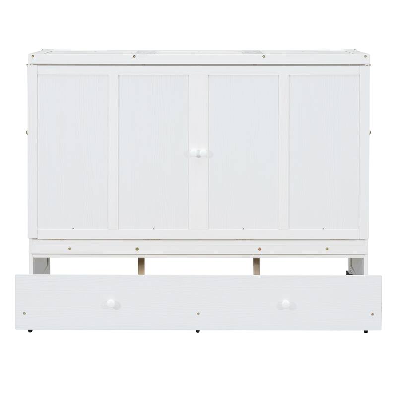 Queen Size Murphy Bed with USB Port and Large Drawer, Space-Saving Design, No Box Spring Needed, Espresso Finish
