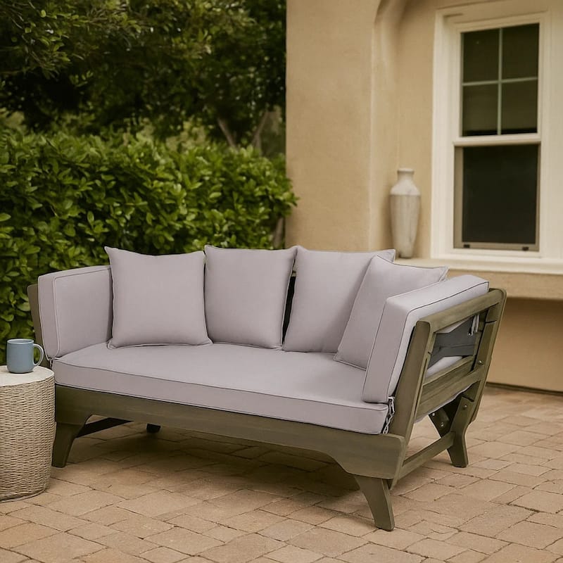 Flex Outdoor Daybed, 65 Inch, Acacia Wood, Gray Polyester Cushions