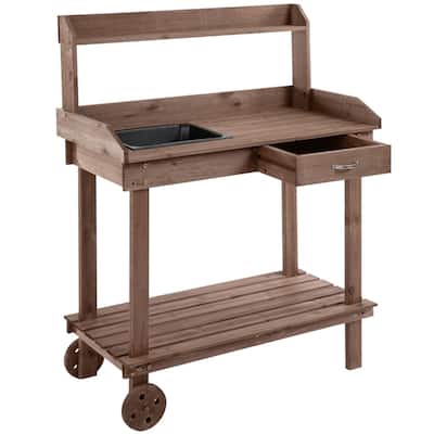Brown Outdoor Wooden Potting Table with Storage Drawer Removable Sink and Movable Wheels - 36.25" L x 17.75" W x 46.75" H