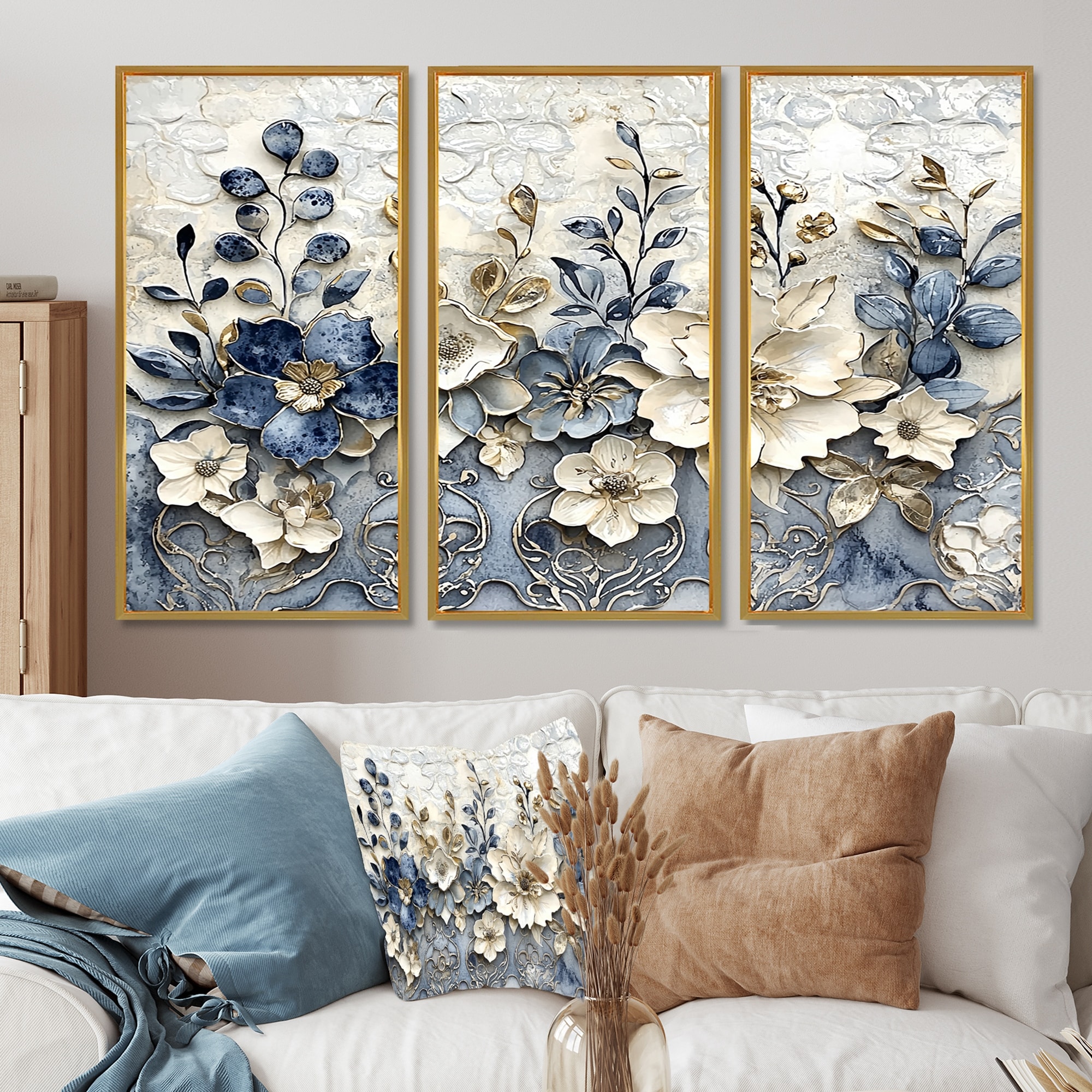 Designart - White And Blue Floral Abstract Tiles II - Flowers Framed Wall Art Set of 3 - Traditional Wall Art 3 Pieces