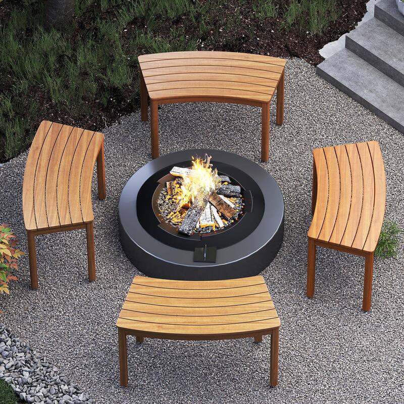 Gymax Outdoor Curved Acacia Wood Bench Set of 4 Patio Garden Backless