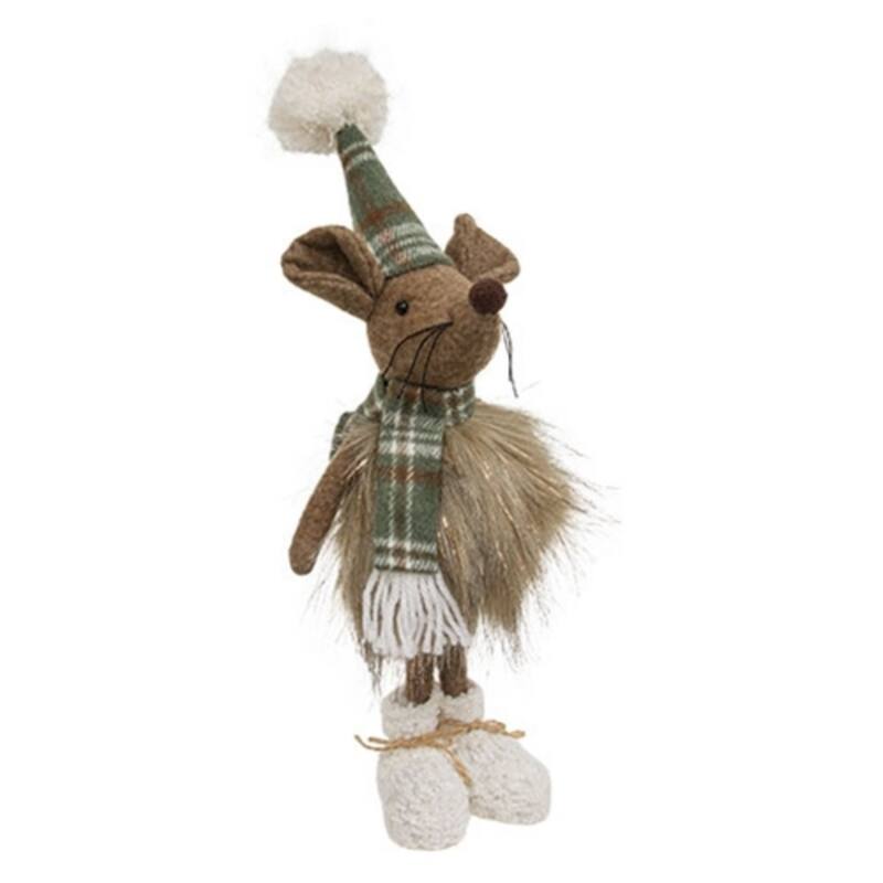 15-Inch Standing Plush Party Mouse with Green Plaid Hat Scarf and Seasonal Holiday Charm - 15" H