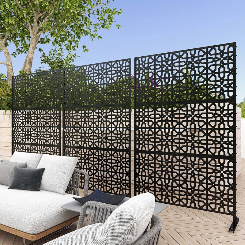 Black Metal Free Standing Outdoor Privacy Screen for Patio Garden