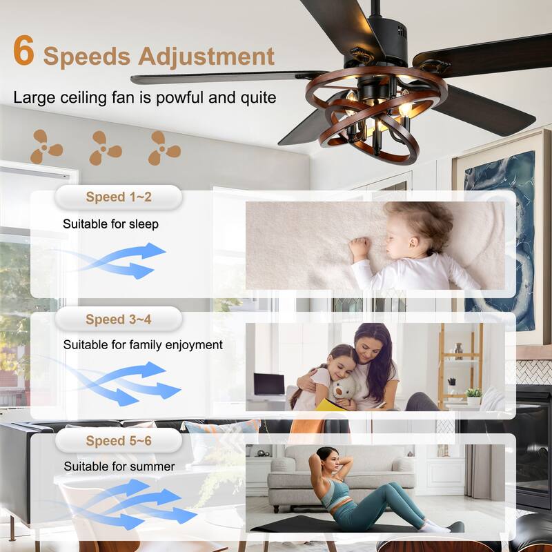 Bella Depot 52" Rustic Cage Ceiling Fan with Light and Remote 6-Speed Reversible Fan