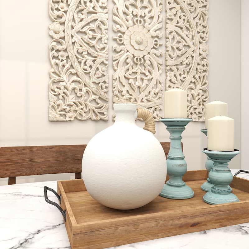 White Ceramic Jug Inspired Vase with Rattan Wrapped Handle