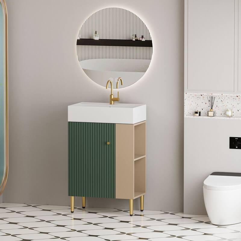Compact White Bathroom Vanity with Ceramic Sink, Soft-Closing Cabinet, and Brushed Copper Accents for Small Spaces