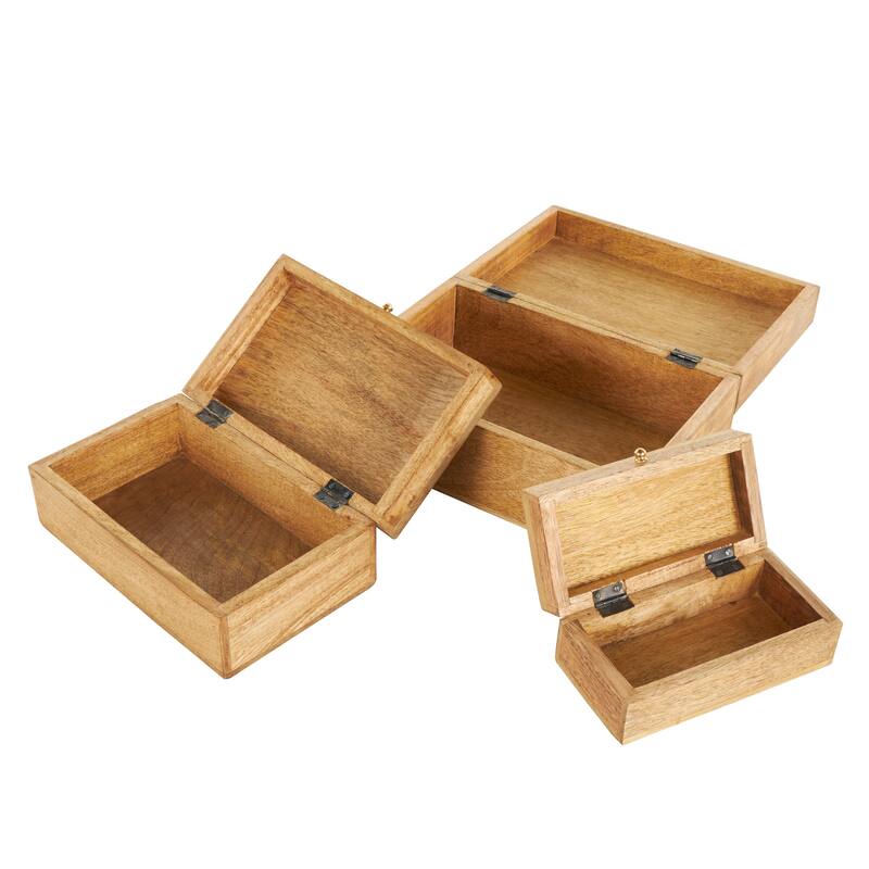 Brown Mango Wood Handmade Storage Scroll Box with Gold Accents (Set of 3)