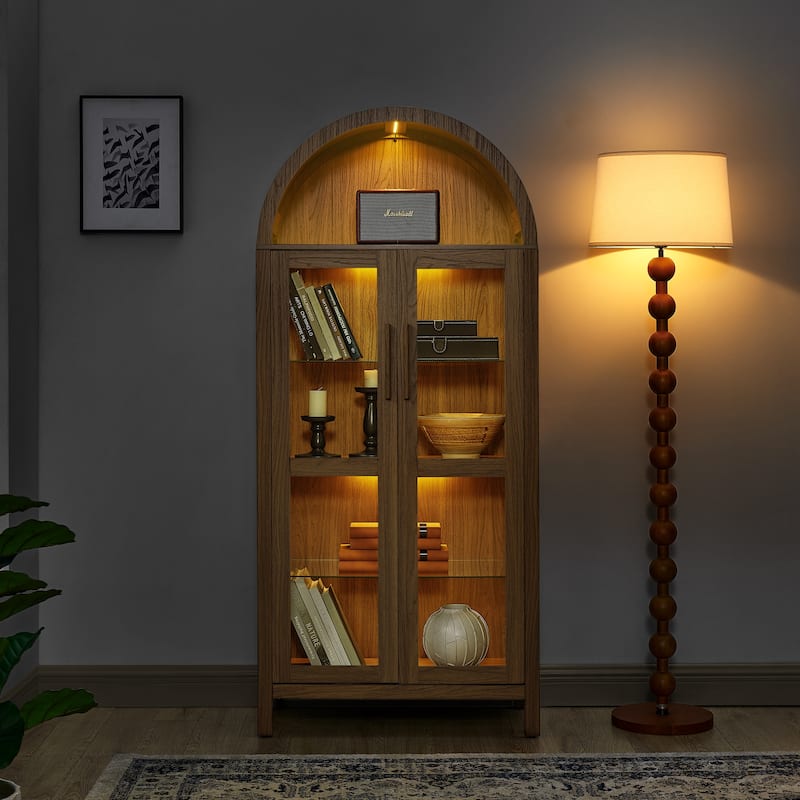67" Arched Storage Cabinet with Glass Doors, Curio Display Cabinet with LED Strips, Adjustable Shelves, 4-Tier Wood Bookcase - Brown