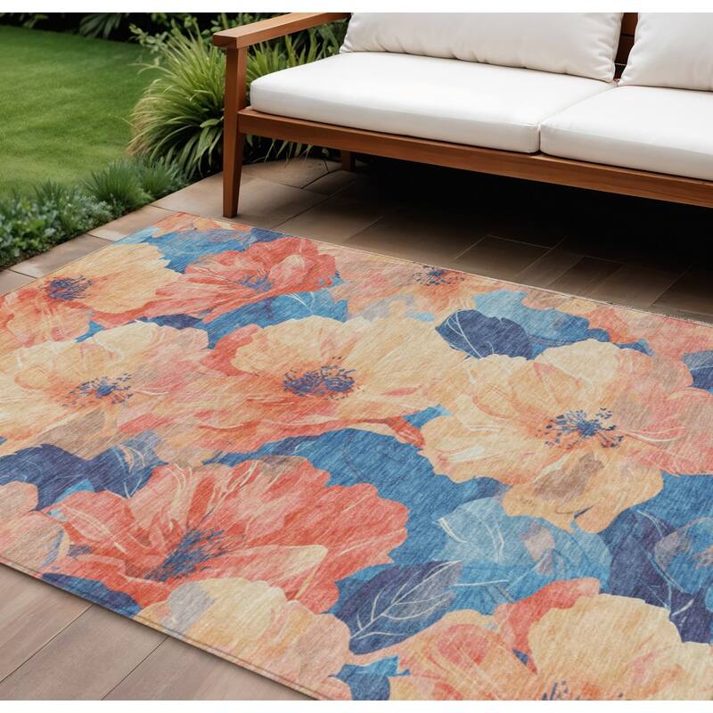 HomeRoots Floral Transitional Rectangle Outdoor Rug - Peach/Blue - 8' X 10'