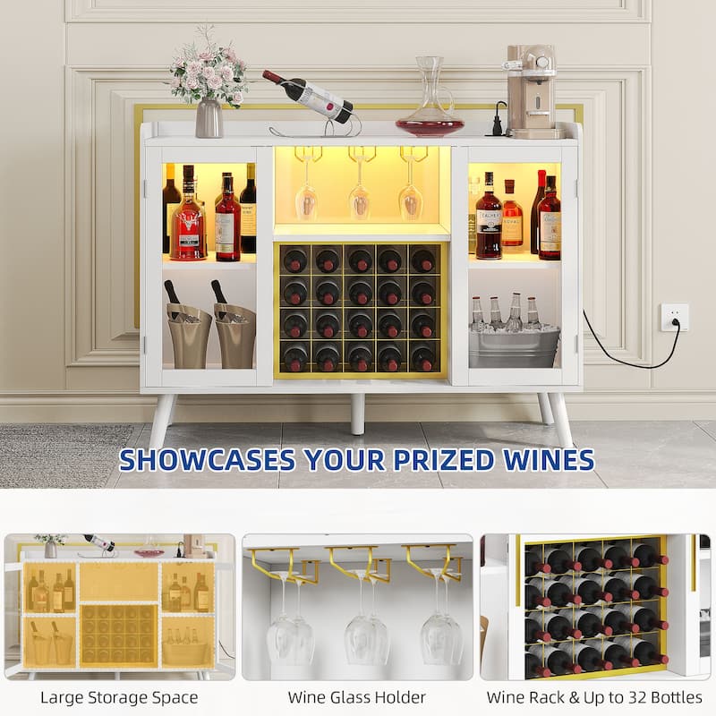Moasis 20-Bottle Glass Door Wine Rack Table with Power Outlets and Wine Glass Holder