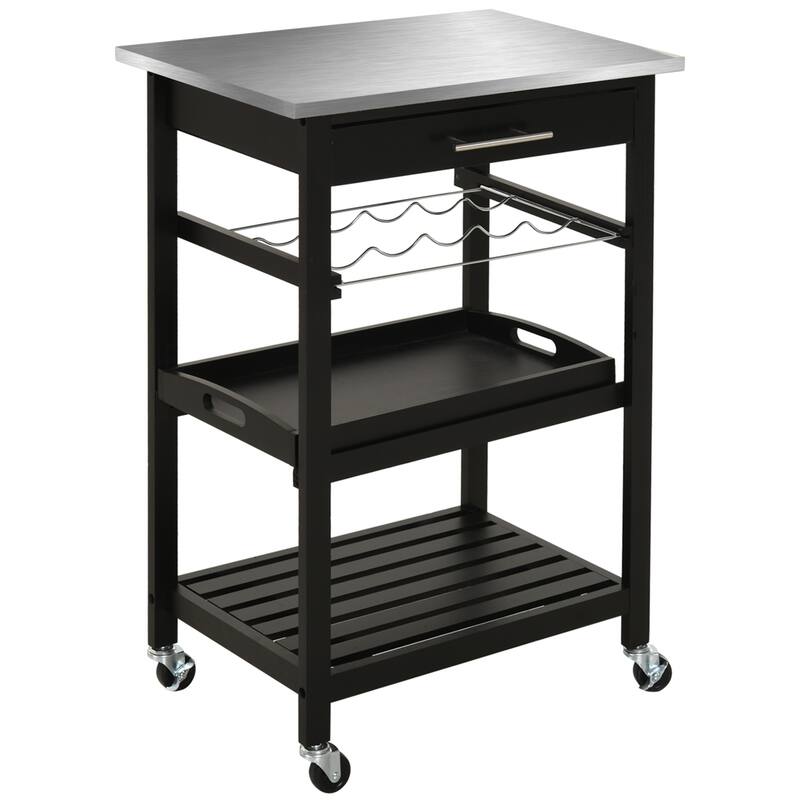 Kitchen Island Cart Rolling Trolley Utility Serving Cart With Stainless Steel Tabletop(no include stool)
