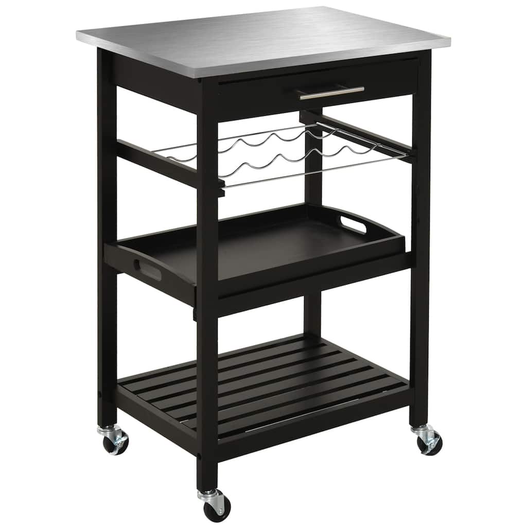 Kitchen island cart Rolling Trolley Utility Serving cart with Stainless Steel Tabletop, Wine Rack & Drawer