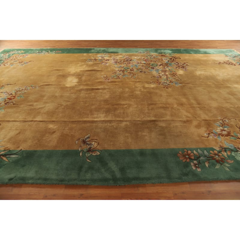 Hand Knotted Oriental 100% Wool Carpet Traditional Floral Yellow & Gold Art Deco Area Rug - 17' 9'' X 11' 10''