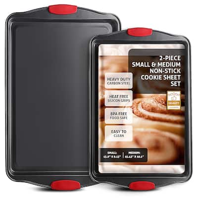JoyTable Nonstick Steel Baking Sheet - 2PC Cookie Sheet Set with Silicone Handles - Black BPA Free Baking Pan for Oven