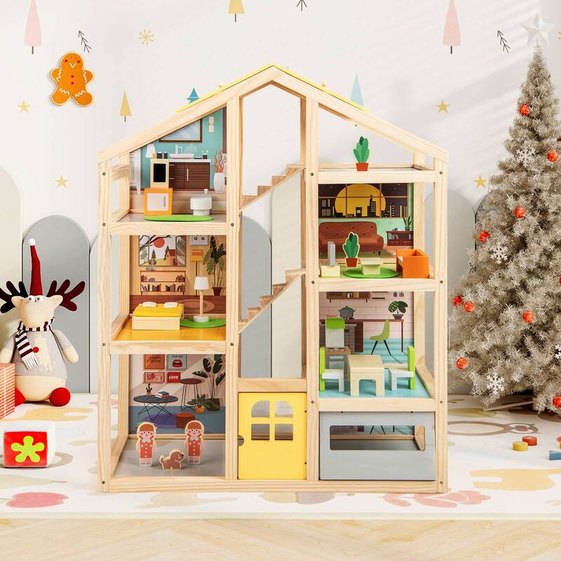 Costway Kids Wooden Dollhouse with 7 Rooms 18 Pcs Furniture - Natural - See Details