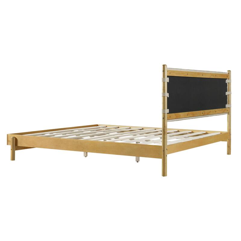 Modern King Size Rubber Wood Platform Bed Frame with Headboard, Beige Mid-Century Design