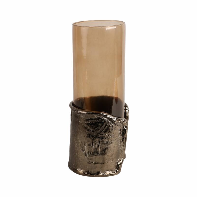 Candle Holder - Brown Glass with Metal Wraparound