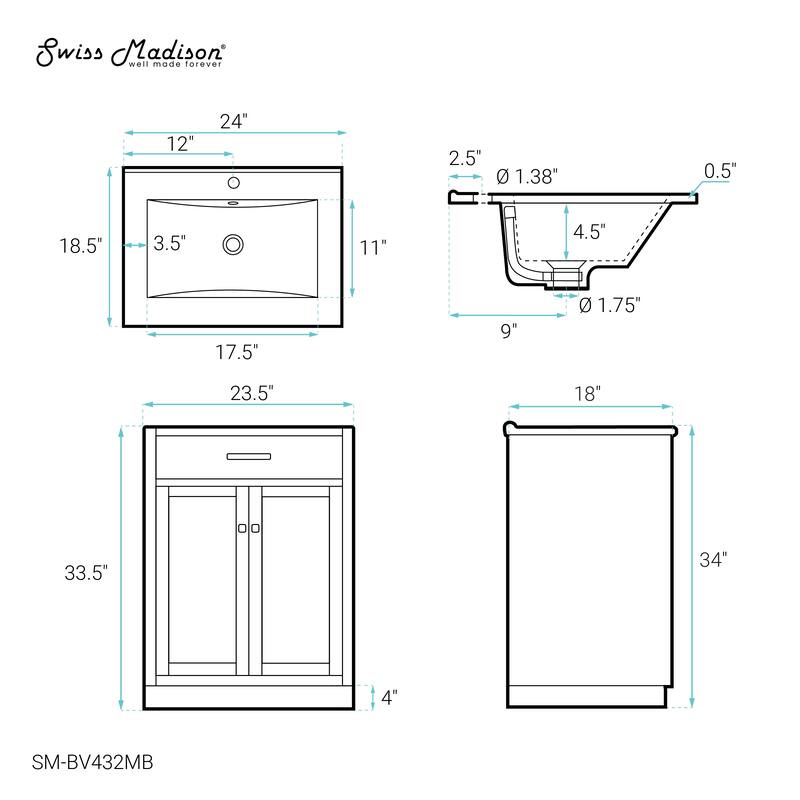 Burdon 24 In. Brown Oak Bathroom Vanity With Black Ceramic Sink Top