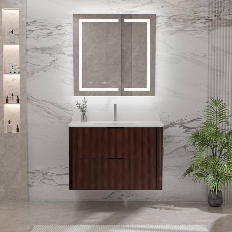 Modland Fluted Floating Vanity with Sink, Plywood Wall Mount Cabinet, Curved Edge, 24/30/36 Inch