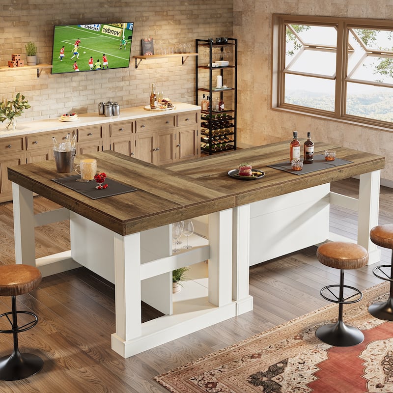 55-Inch Large Home Bar Unit, 3-Tier Pub Table with Storage Shelves - N/A