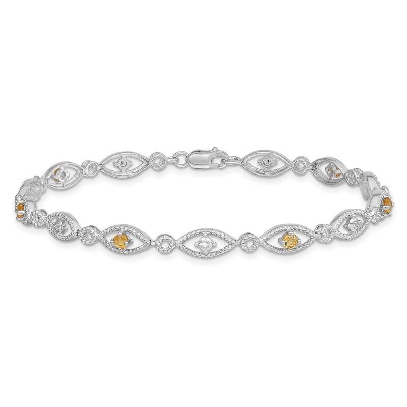 Curata 925 Sterling Silver Textured Polished Open back Lobster Claw Closure Citrine Diamond Bracelet