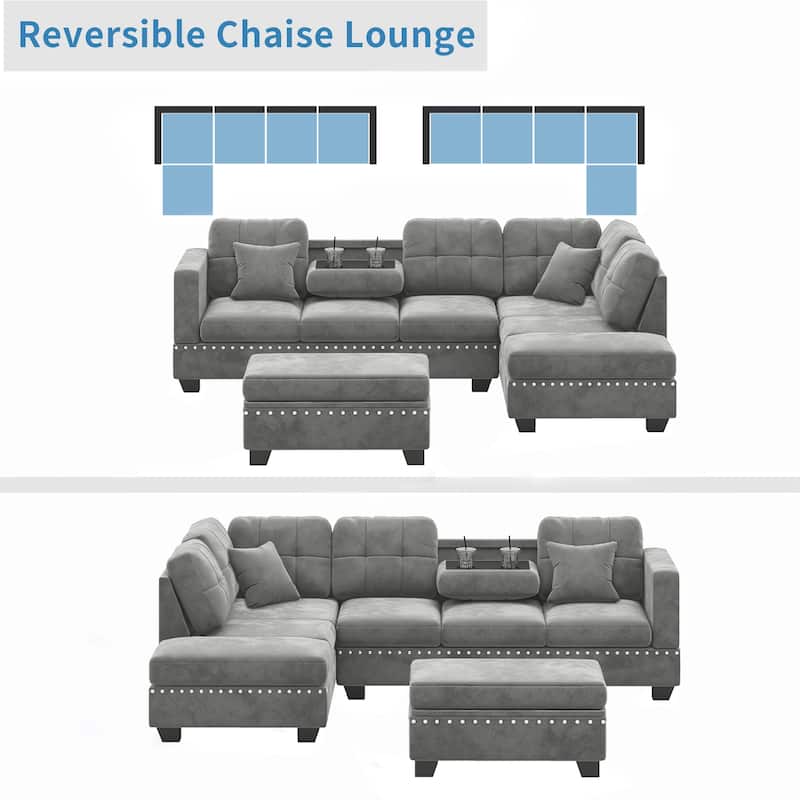 105 inch Reversible Sectional Sofa L shape Couch Space Saving with Storage Ottoman and Cup Holders Design