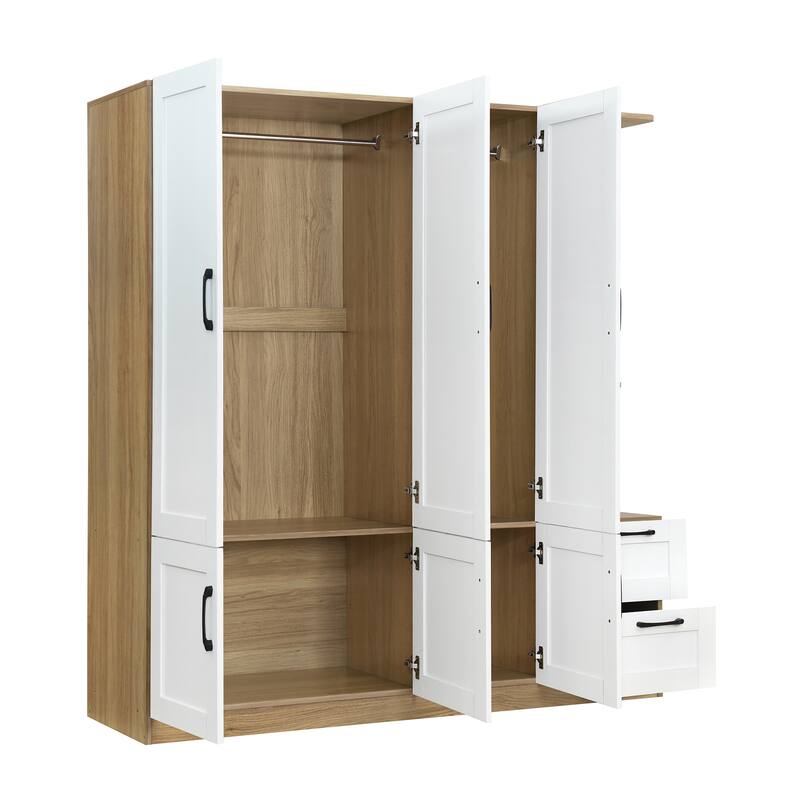 3 Doors Armoire Wardrobe Closet with 3 Side Shelves 2 Drawers, Wooden Bedroom Armoires with Hanging Rod for Bedroom