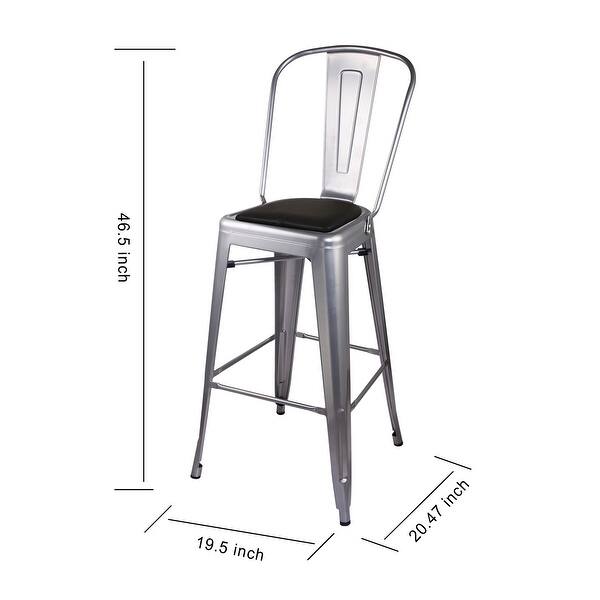 dimension image slide 1 of 4, High Back Metal Barstool with Black/Brown Leather Cushion-Set of 4