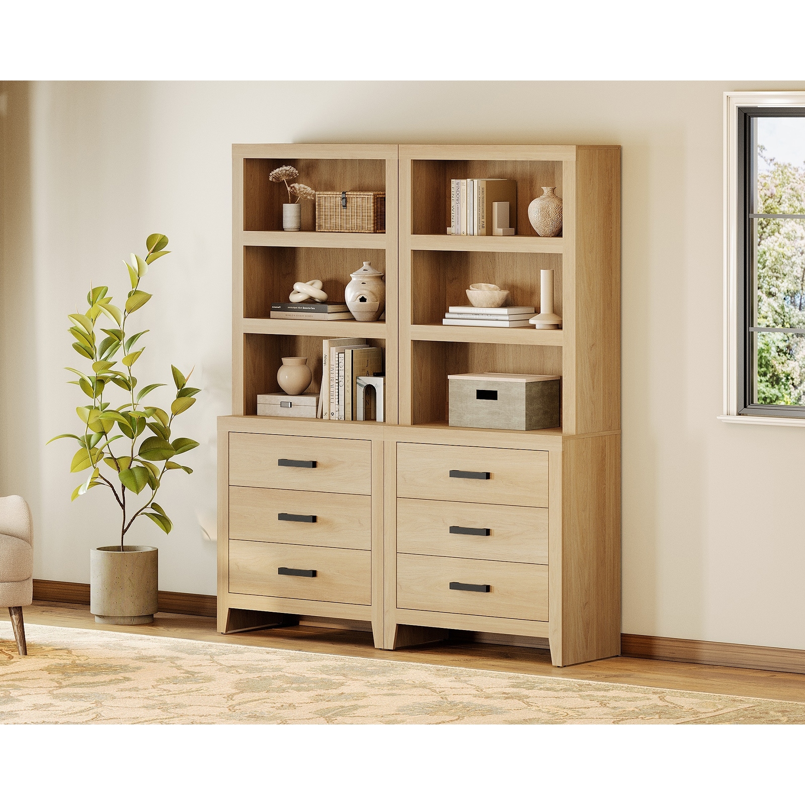 3-Tier Bookshelf with 3 Large Drawers, 74" Tall Farmhouse Bookcase with Wide Metal Handles, for Living Room, Office, Library