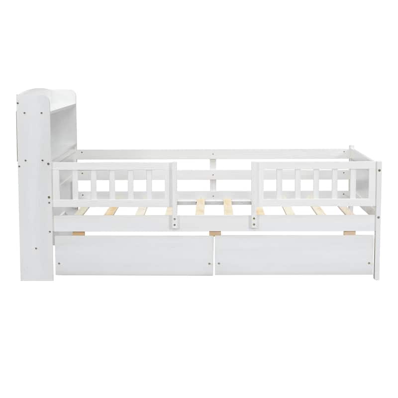 Roomfitters Wood Twin Platform Bed with Multi-Functional Headboard, Lighting, Guardrail and Storage, White