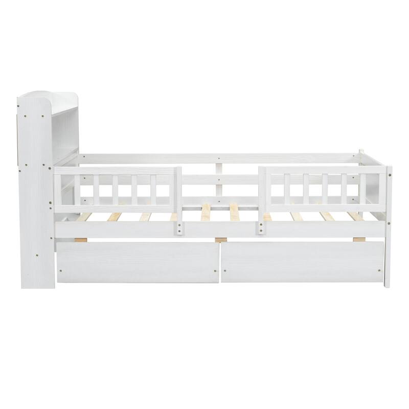 Wood Twin Size Platform Bed with Built-in LED Light, Multi-functional Headboard, Guardrail and 2 Drawers, White