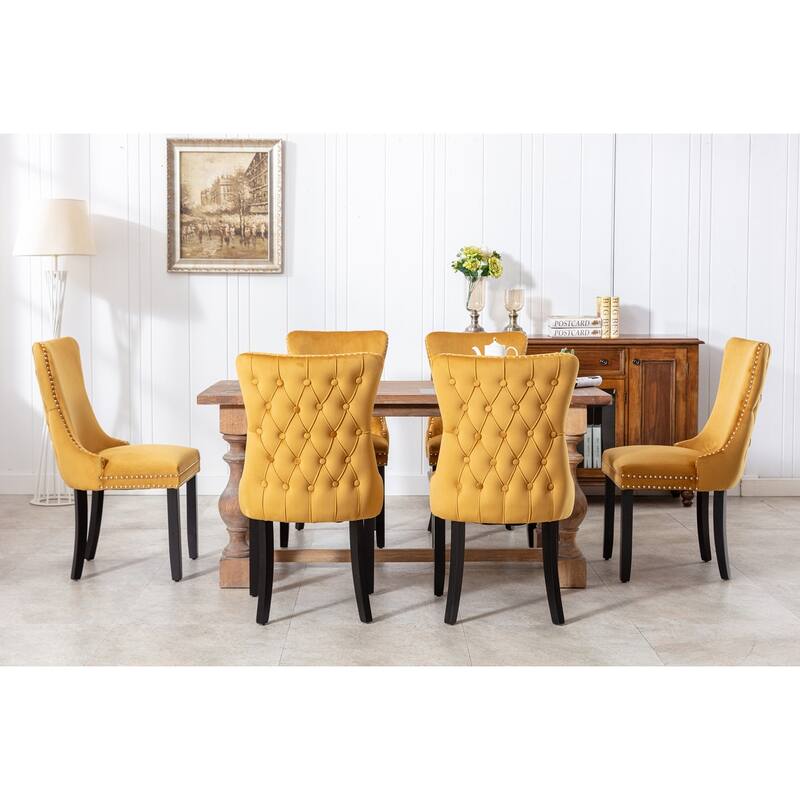Velvet Upholstered Dining Chair Set of 2, Wing-Back Kitchen Chairs with Backstitching Nailhead Trim and Solid Wood Legs