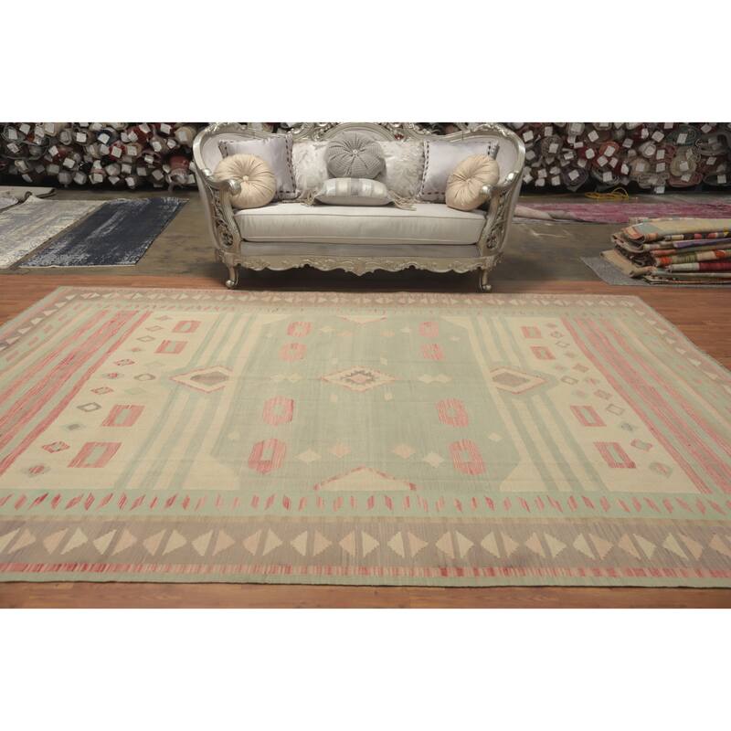 Hand Woven Southwestern Wool Green Geometric Area Rug - 12' 1'' X 9' 2''