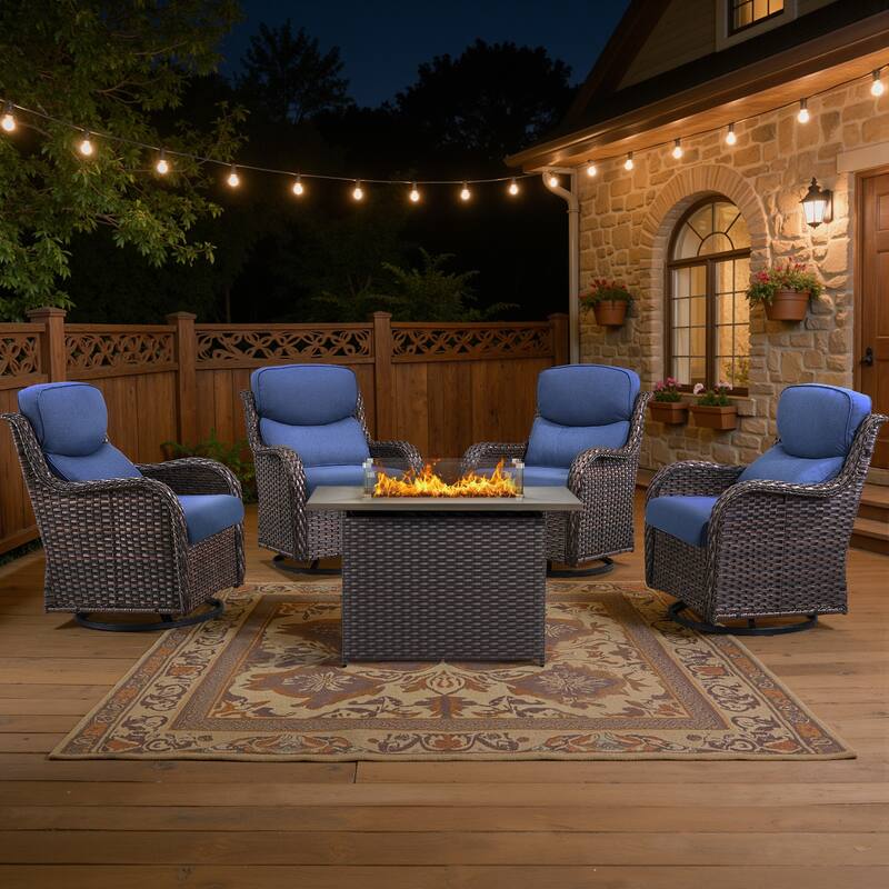 Meyreso 5-Piece Outdoor Patio Wicker Fire Pit 4 person Conversation Set with 5-Inch Thick Cushions - Navy Blue Cushions - Brown Wicker
