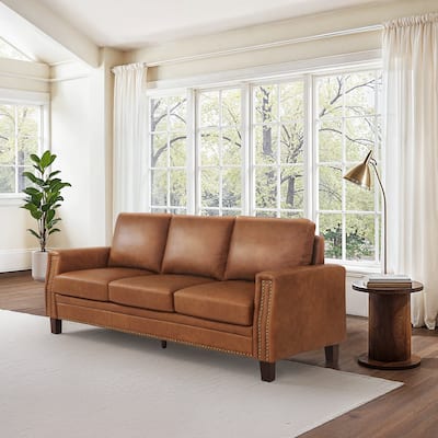 Mid-Century Modern 3-Seater Sofa 84" in Upholstered Genuine Leather with Solid Wood Frame for Living Room