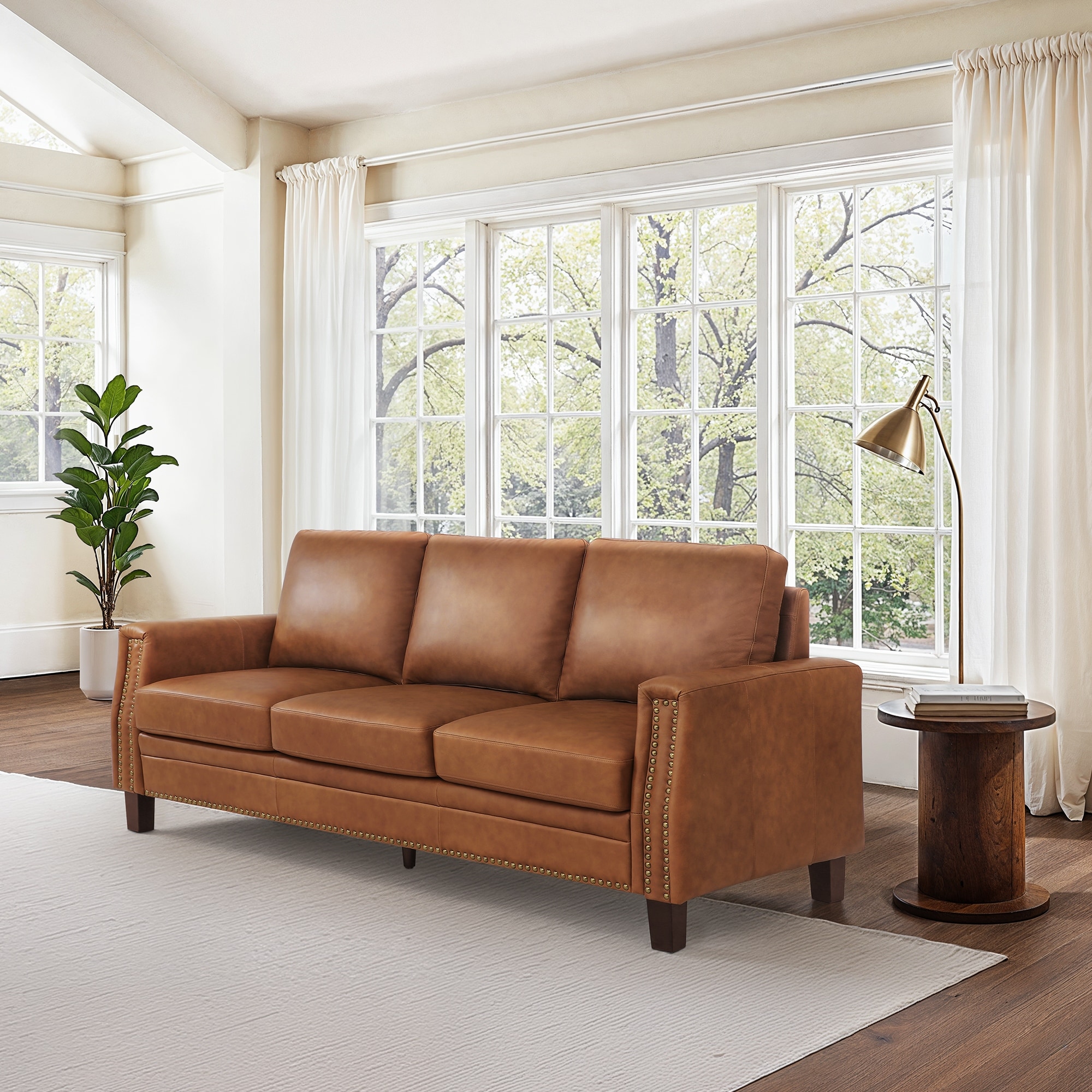 Mid-Century Modern 3-Seater Sofa 84" in Upholstered Genuine Leather with Solid Wood Frame for Living Room